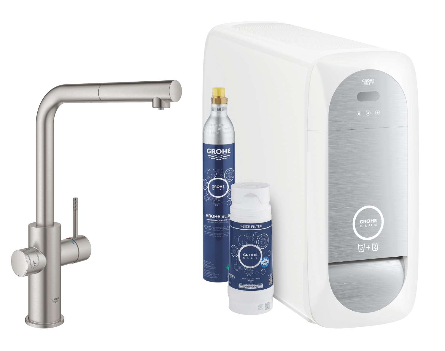 Смеситель для кухни GROHE Blue Home с системой фильтрации, охлаждения и газирования воды, Wi-Fi, суперсталь (31539DC0)