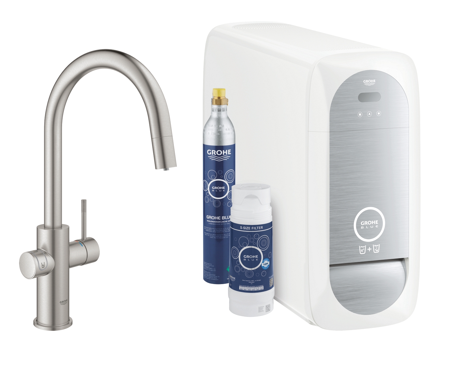 Смеситель для кухни GROHE Blue Home с системой фильтрации, охлаждения и газирования воды, Wi-Fi, суперсталь (31541DC0)