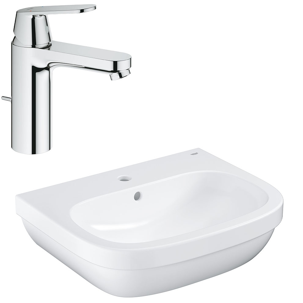 Раковина GROHE Euro Ceramic + Смеситель для раковины GROHE Eurosmart Cosmopolitan с донным клапаном, средний излив (NC0004)
