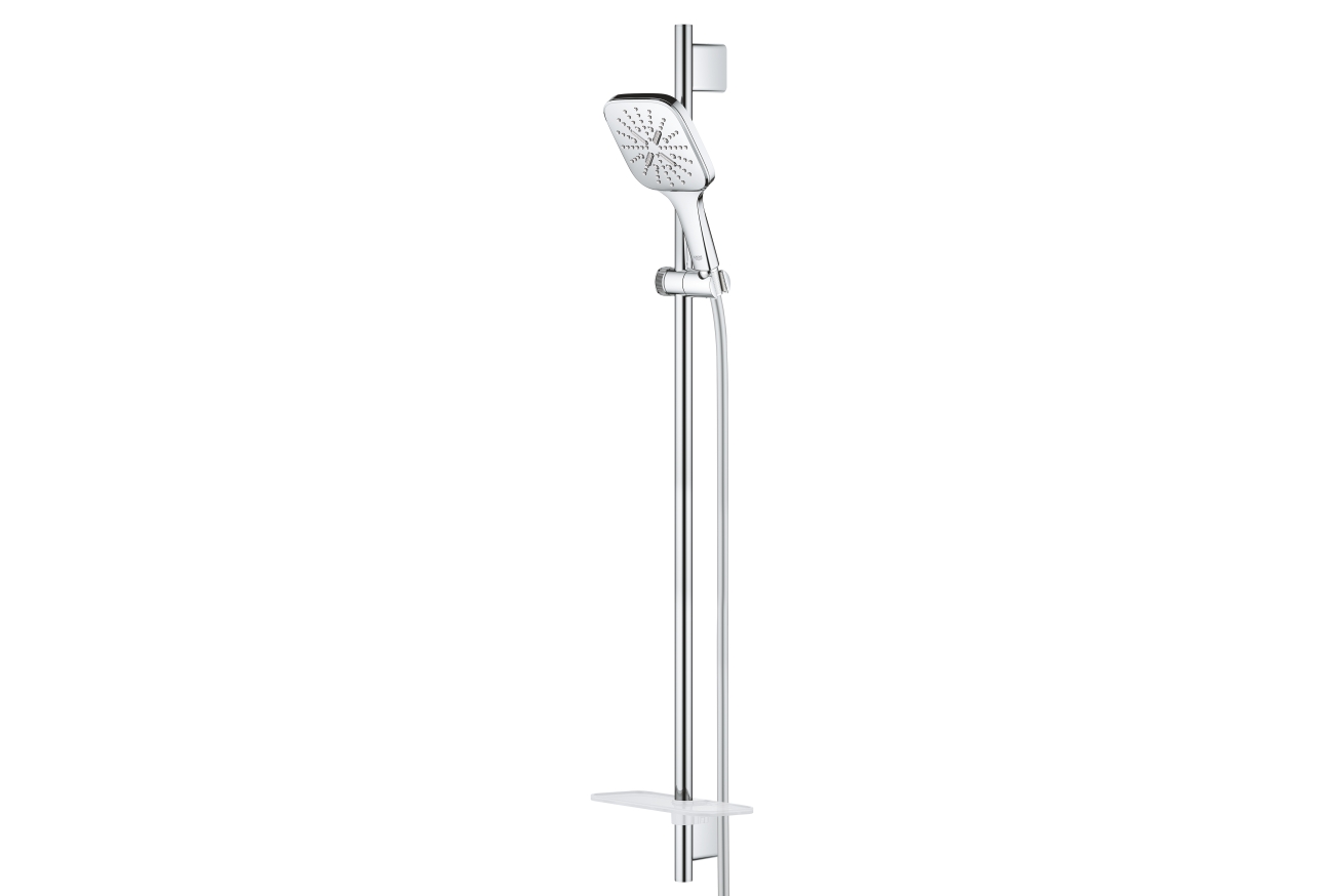 Душевой гарнитур GROHE Rainshower SmartActive 130 Cube с мыльницей, 3 режима струи, душевая штанга 900 мм, 12 л/мин, хром (26586000)