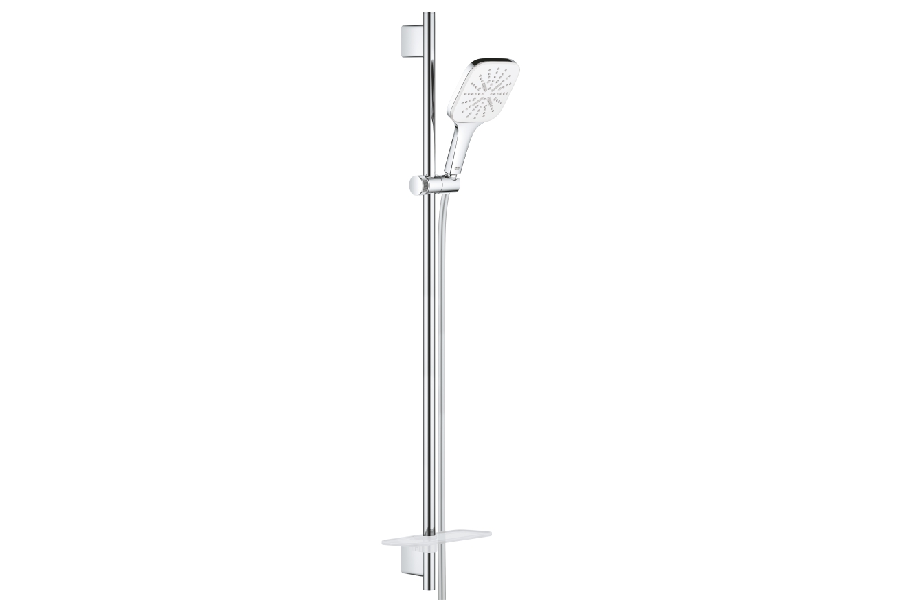 Душевой гарнитур GROHE Rainshower SmartActive 130 Cube с мыльницей, 3 режима струи, душевая штанга 900 мм, 12 л/мин, белая луна (26586LS0)