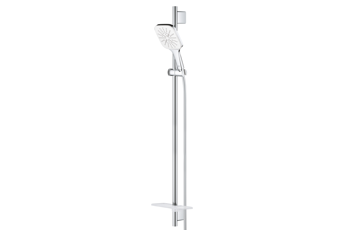 Душевой гарнитур GROHE Rainshower SmartActive 130 Cube с мыльницей, 3 режима струи, душевая штанга 900 мм, 12 л/мин, белая луна (26586LS0)