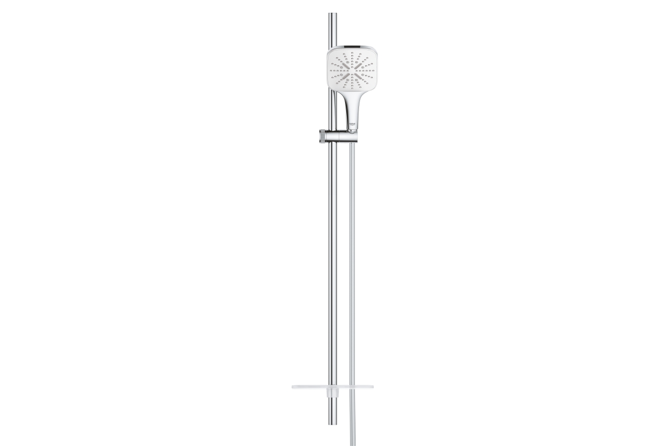 Душевой гарнитур GROHE Rainshower SmartActive 130 Cube с мыльницей, 3 режима струи, душевая штанга 900 мм, 12 л/мин, белая луна (26586LS0)