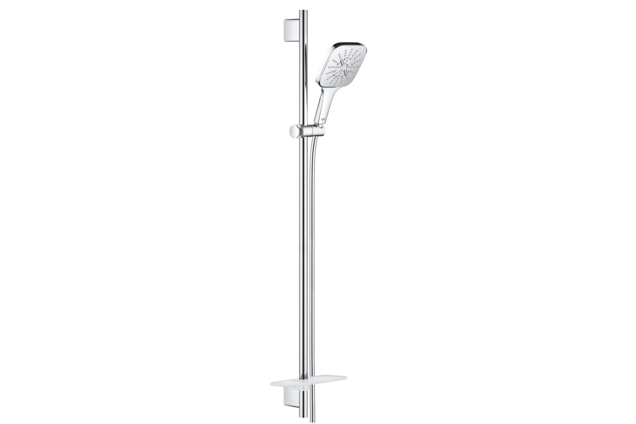 Душевой гарнитур GROHE Rainshower SmartActive 130 Cube с мыльницей, 3 режима струи, душевая штанга 900 мм, 9,5 л/мин, хром (26587000)