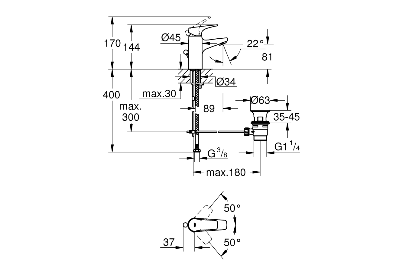 Смеситель для раковины GROHE BauFlow с донным клапаном, S-Size, хром (23751000)