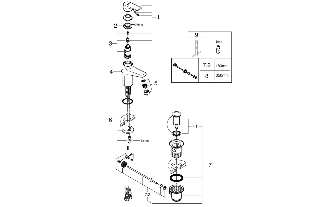 Смеситель для раковины GROHE BauFlow с донным клапаном, S-Size, хром (23751000)