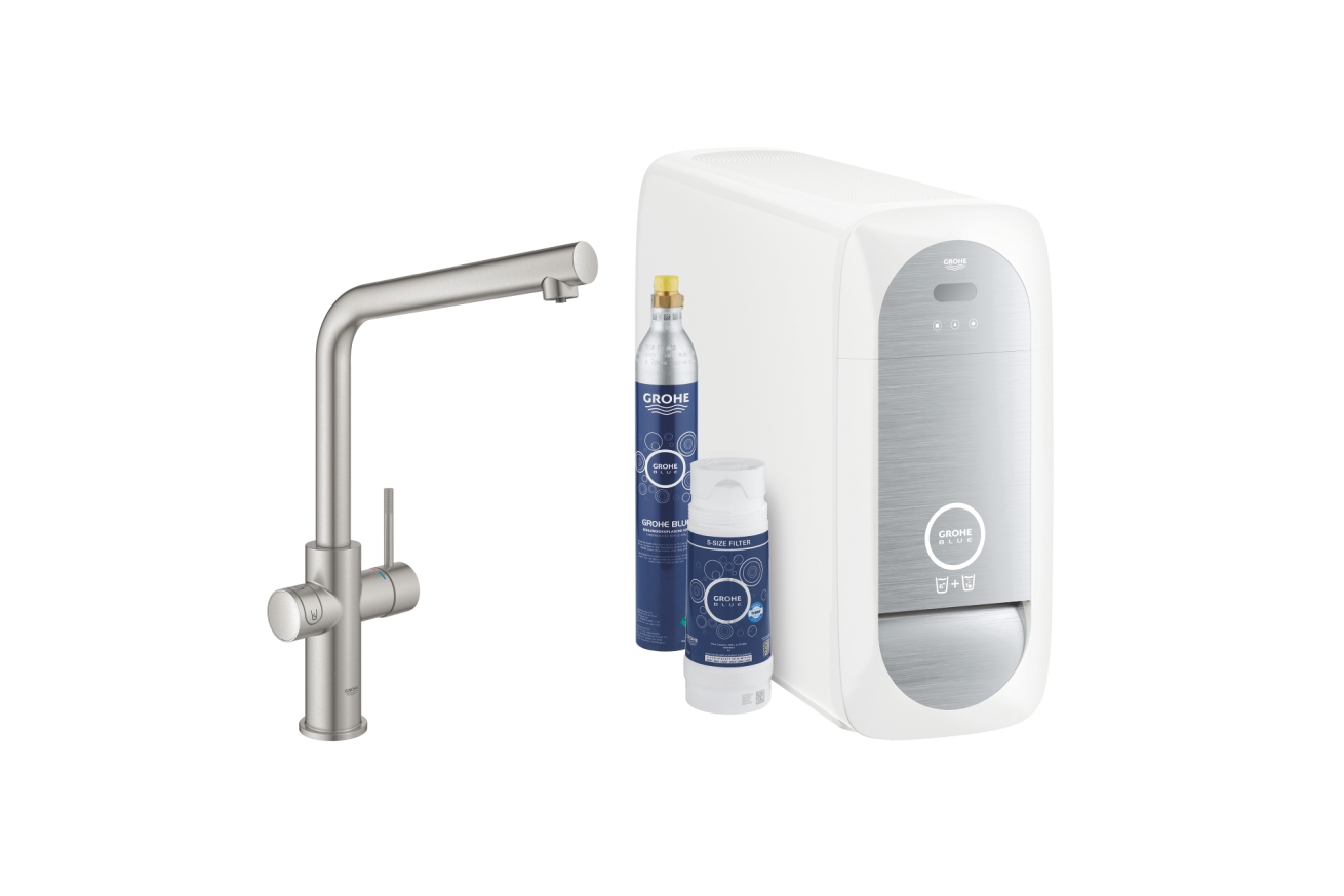 Смеситель для кухни GROHE Blue Home с системой фильтрации, охлаждения и газирования воды, Wi-Fi, суперсталь (31454DC1)