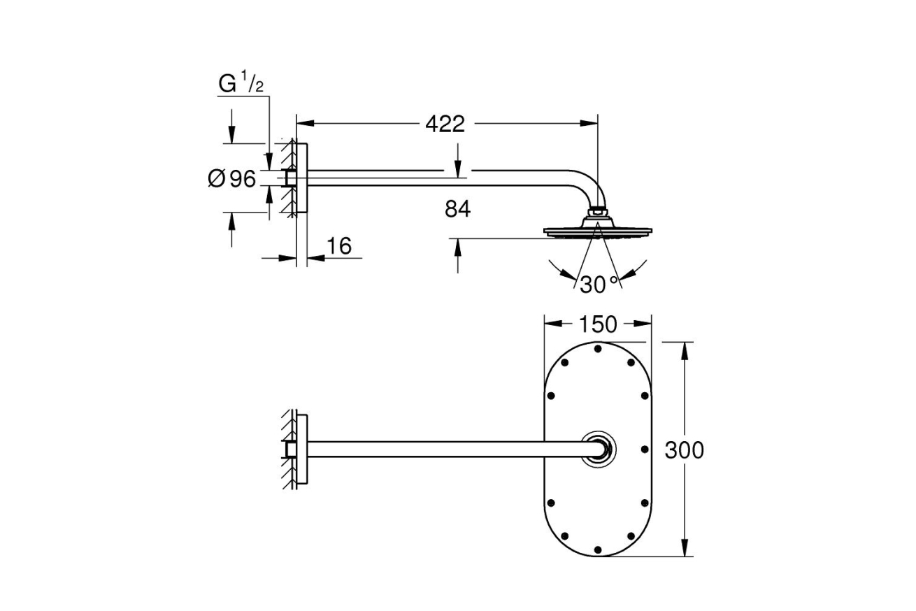 Верхний душ GROHE Rainshower Veris 300x150, 1 режим, 422 мм, белая луна (26170LS0)