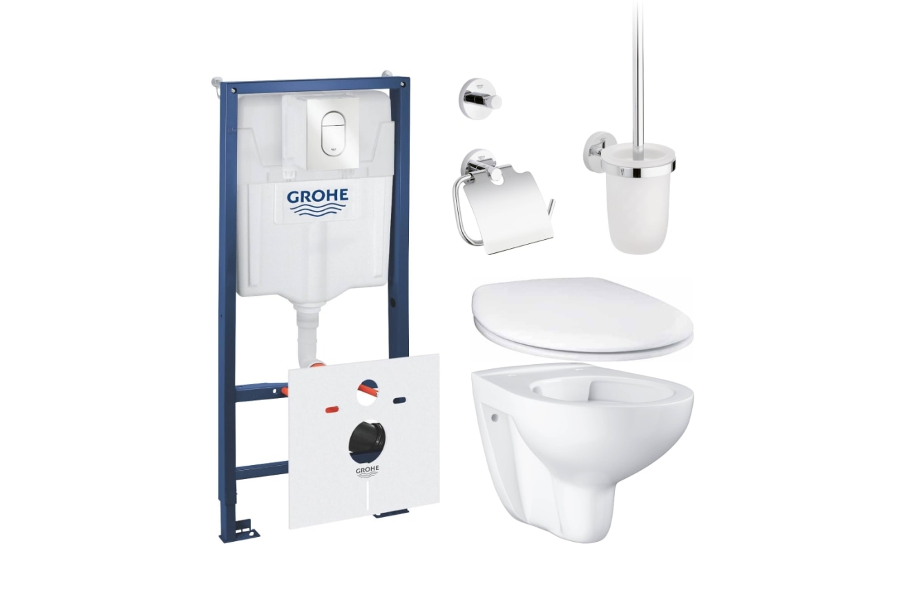 Готовый набор для туалета GROHE Bau Ceramic: унитаз подвесной, инсталляция GROHE Rapid SL с панелью Arena Cosmopolitan S, сиденье и аксессуары (NW0048)