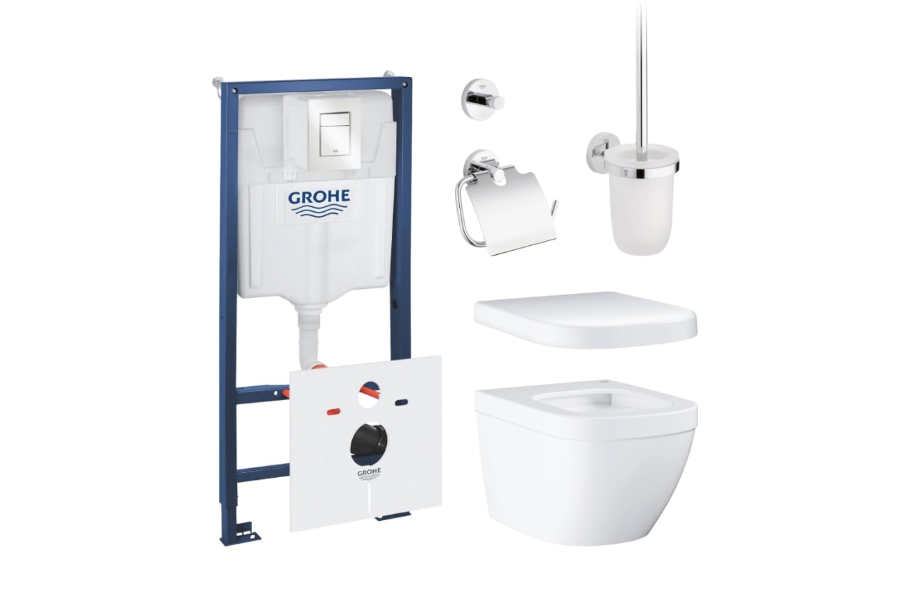 Готовый набор для туалета GROHE Euro Ceramic: унитаз подвесной, инсталляция GROHE Rapid SL с панелью Skate Cosmopolitan S альпин-белый, сиденье и аксессуары (NW0049)