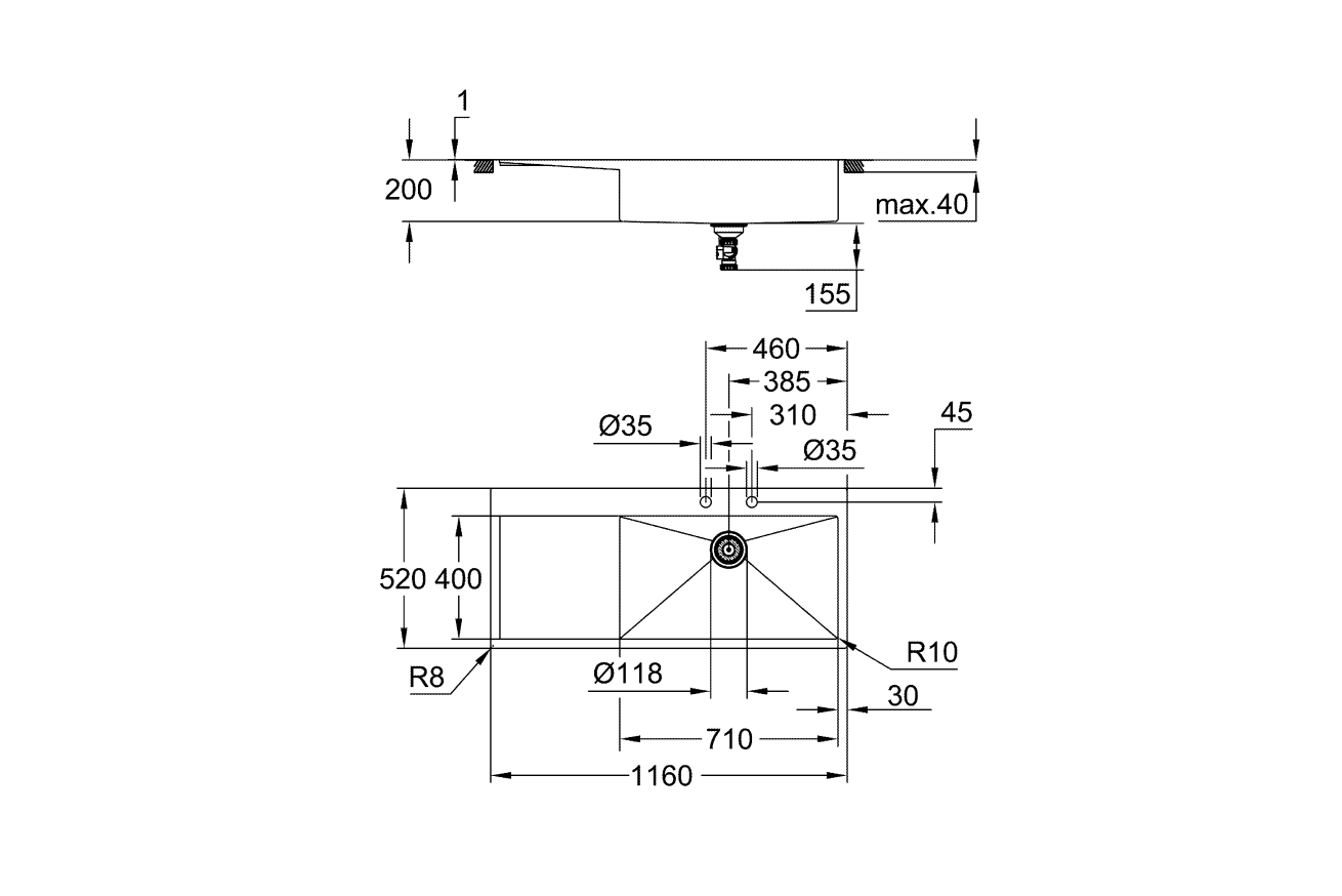 Мойка GROHE K1000 80-S 116/52 1.0 с корзинчатым вентилем, нержавеющая сталь (31582SD1)