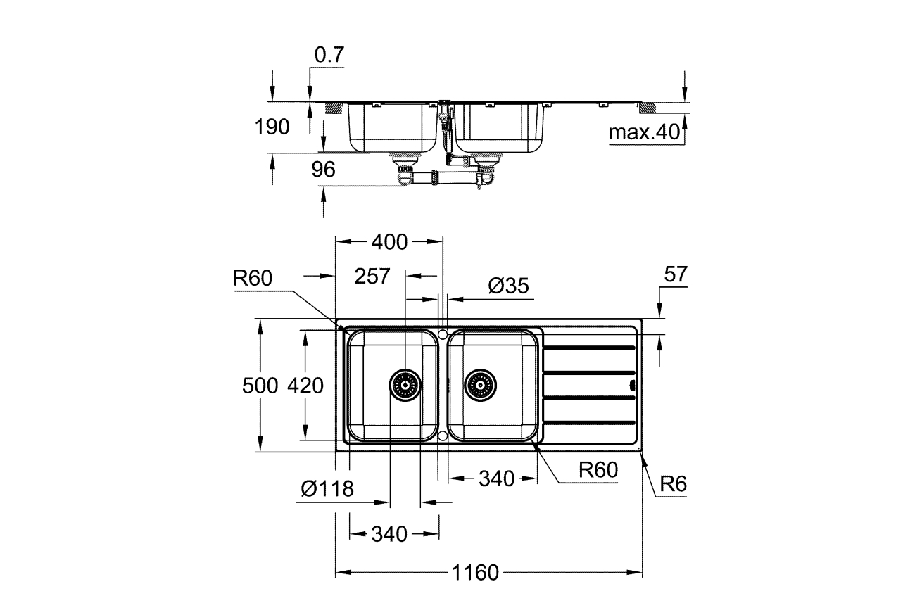 Мойка GROHE K500 с корзинчатым вентилем, нержавеющая сталь (31588SD1)