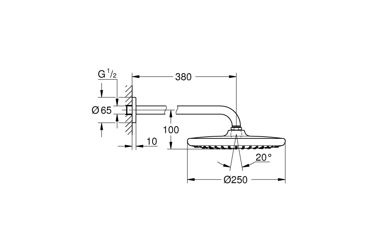 Верхний душ GROHE Tempesta 250, 9,5 л/мин, 1 режим, 380 мм, хром (26663000)