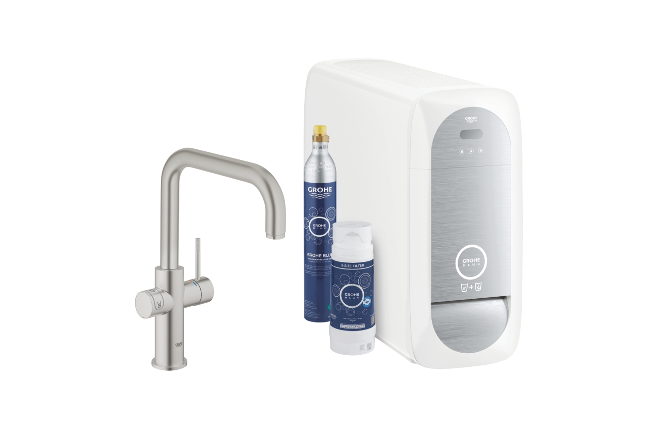 Смеситель для кухни GROHE Blue Home с системой фильтрации, охлаждения и газирования воды, Wi-Fi, суперсталь (31456DC1)