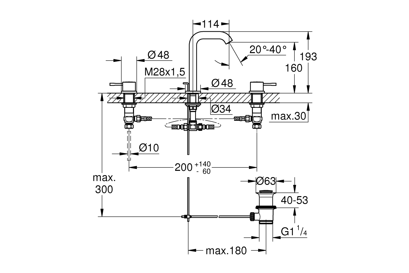 Смеситель для раковины GROHE Essence на 3 отверстия с донным клапаном, M-size, хром (20296001)