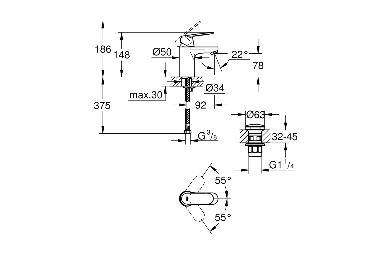 Смеситель для раковины GROHE Eurosmart Cosmopolitan, S-size, хром (23925000)
