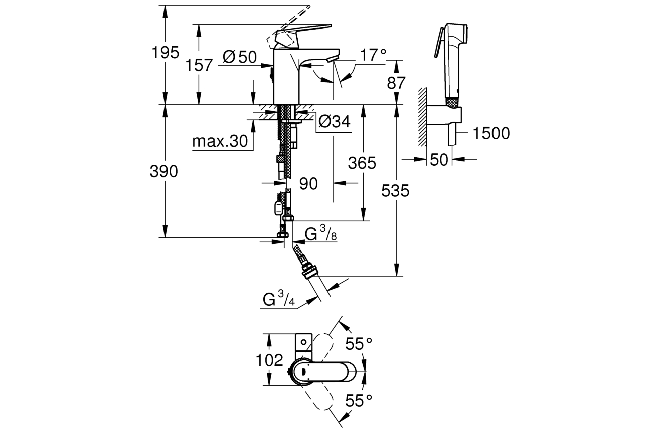 Смеситель для раковины GROHE Eurosmart Cosmopolitan с гигиеническим душем, S-size, хром (23950000)