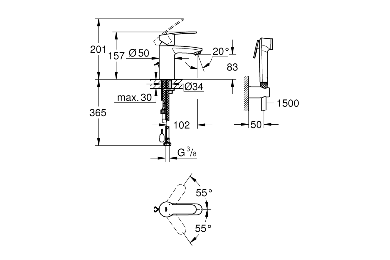 Смеситель для раковины GROHE Eurostyle Cosmopolitan с гигиеническим душем, S-size, хром (23953003)