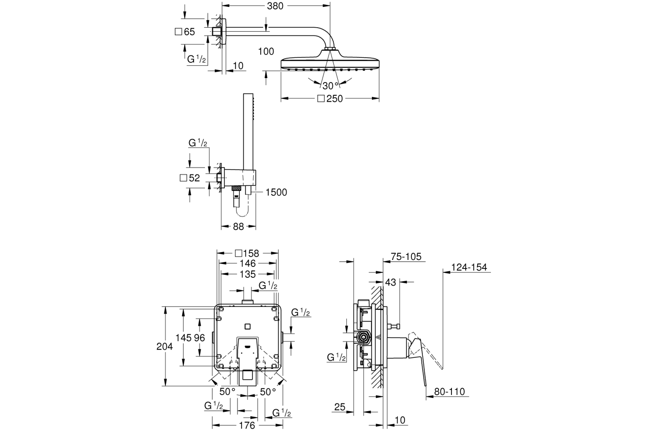 Готовый комплект для ванной комнаты GROHE Eurocube, с верхним душем Tempesta 250 Cube, хром (25239000)