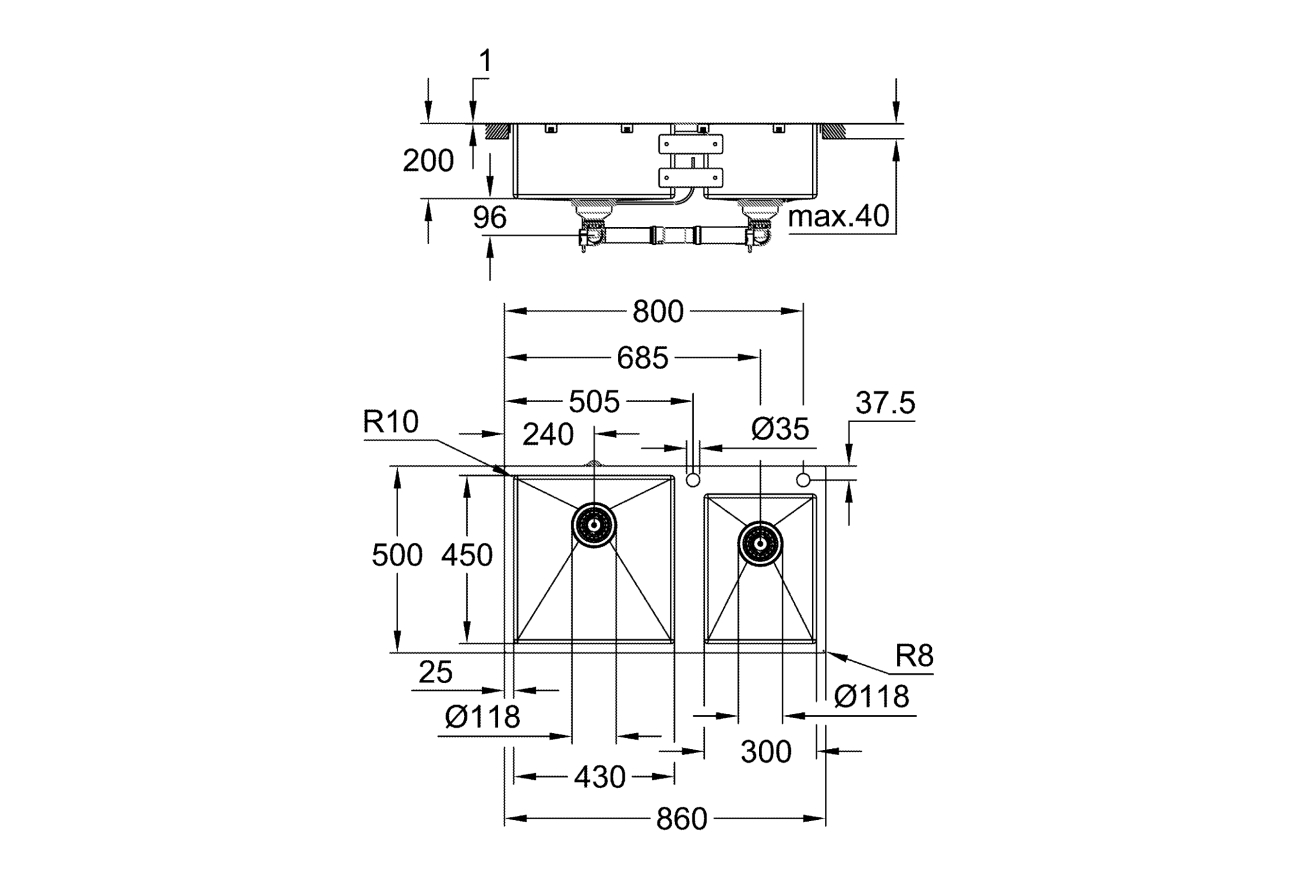 Мойка из нержавеющей стали GROHE K700 с 2 чашами, 860 x 500 мм, хром (31855SD0)