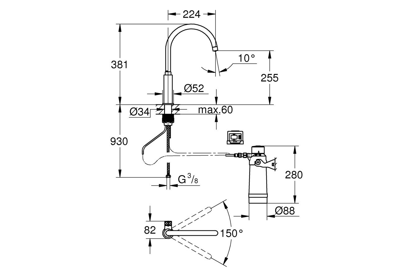 Кран для кухонной мойки GROHE Blue Pure Mono с функцией фильтрации, с фильтром в комплекте, хром (30387000)