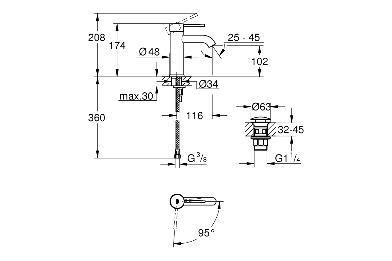 Смеситель для раковины GROHE Essence с донным клапаном, S-size, хром (23797001)