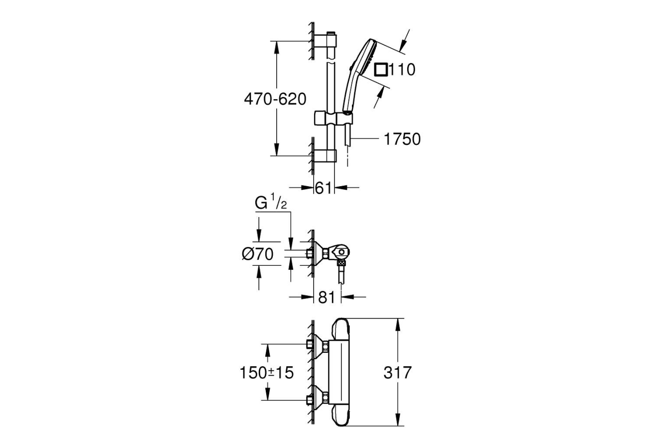Термостат для душа GROHE Grohtherm 1000 с душевым гарнитуром, хром (34820005)