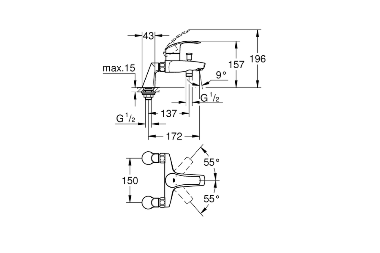 Смеситель для ванны GROHE Eurosmart на 2 отверстия, на край ванны с вертикальным подключением, хром (33303002)