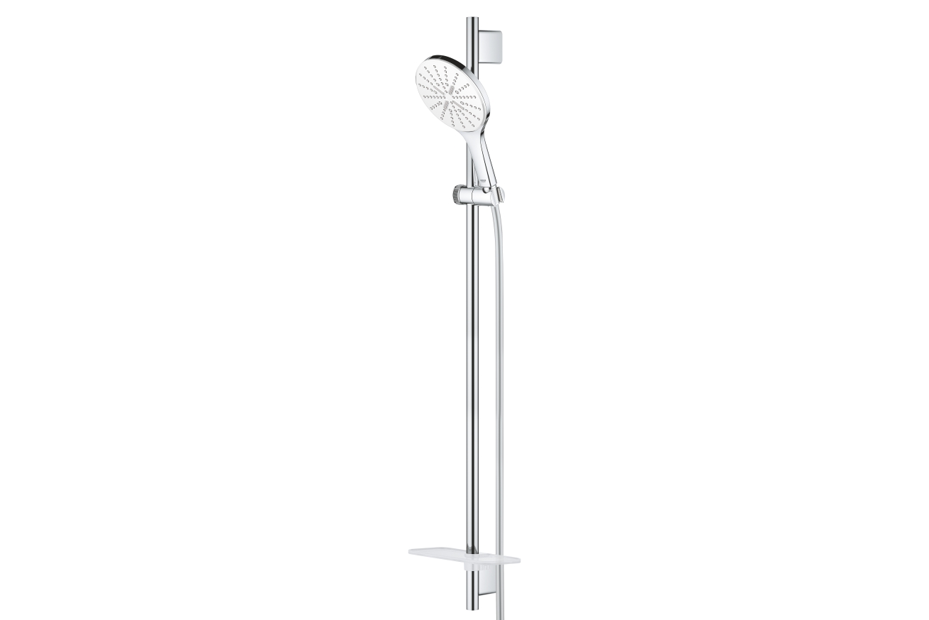 Душевой гарнитур GROHE Rainshower SmartActive 150 с мыльницей, 3 режима струи, душевая штанга 900 мм, 9,5 л/мин, белая луна (26594LS0)