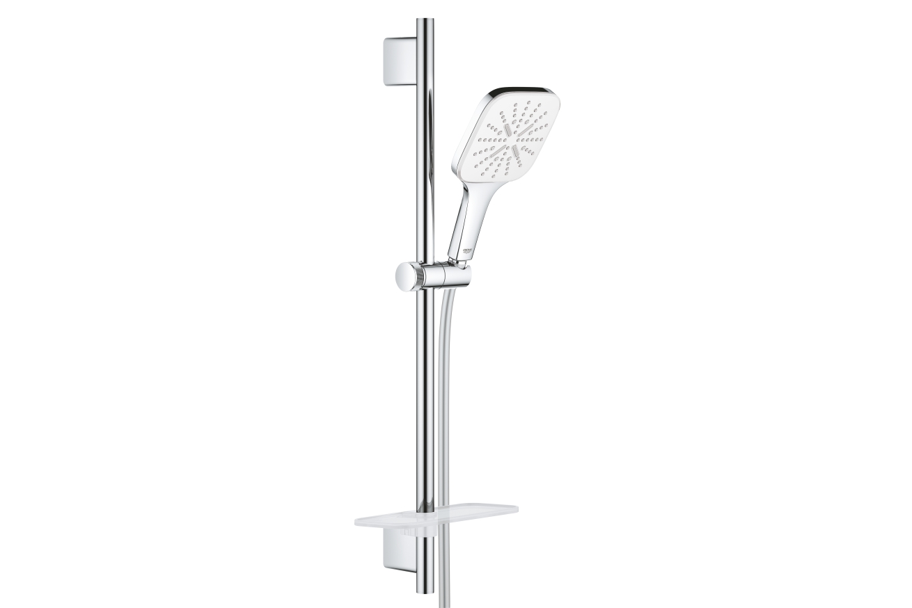 Душевой гарнитур GROHE Vitalio SmartActive 130 Cube с мыльницей, 3 режима струи, душевая штанга 600 мм, 9,5 л/мин, белая луна/хром (26596000)
