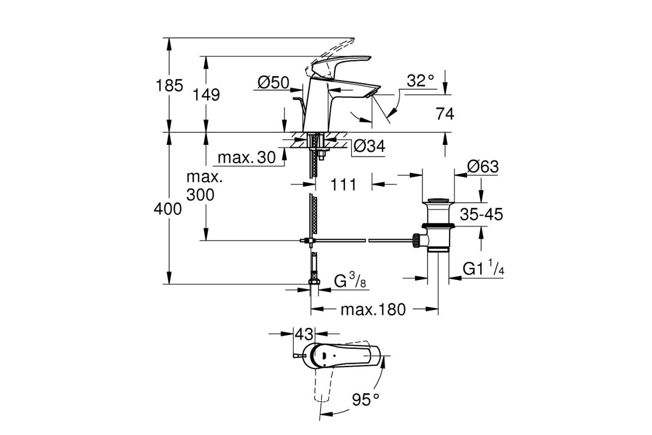 Смеситель для раковины GROHE Eurosmart, S-size, хром (23969003)