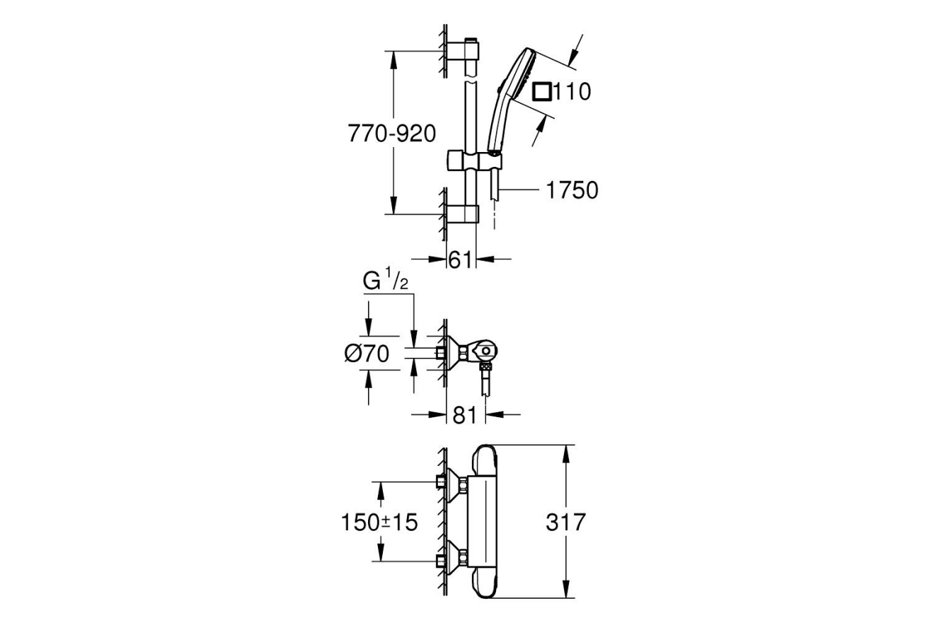 Термостат для душа GROHE Grohtherm 1000 с душевым гарнитуром, хром (34824005)