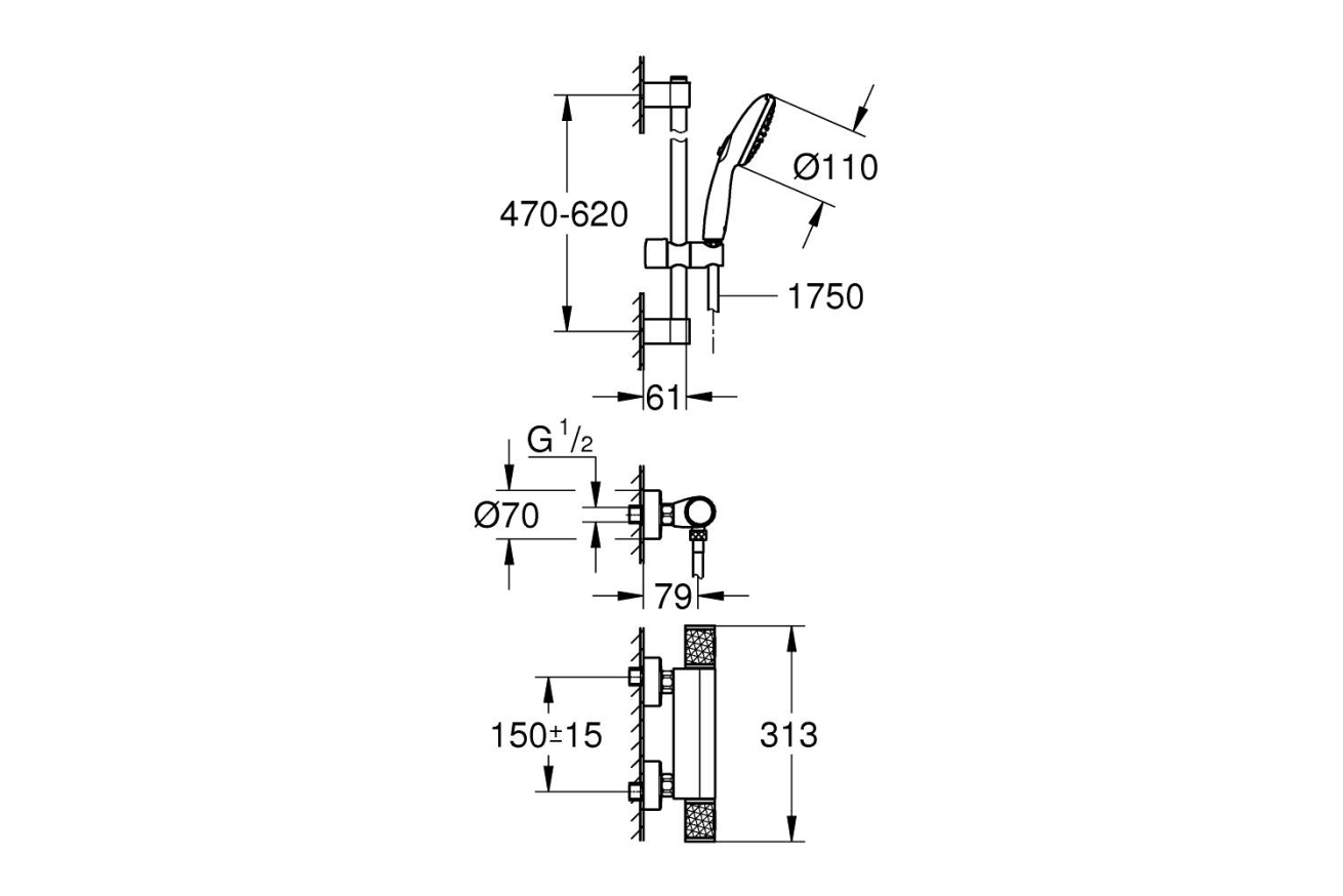 Термостат для душа GROHE Grohtherm 1000 Performance с душевым гарнитуром, хром (34834001)