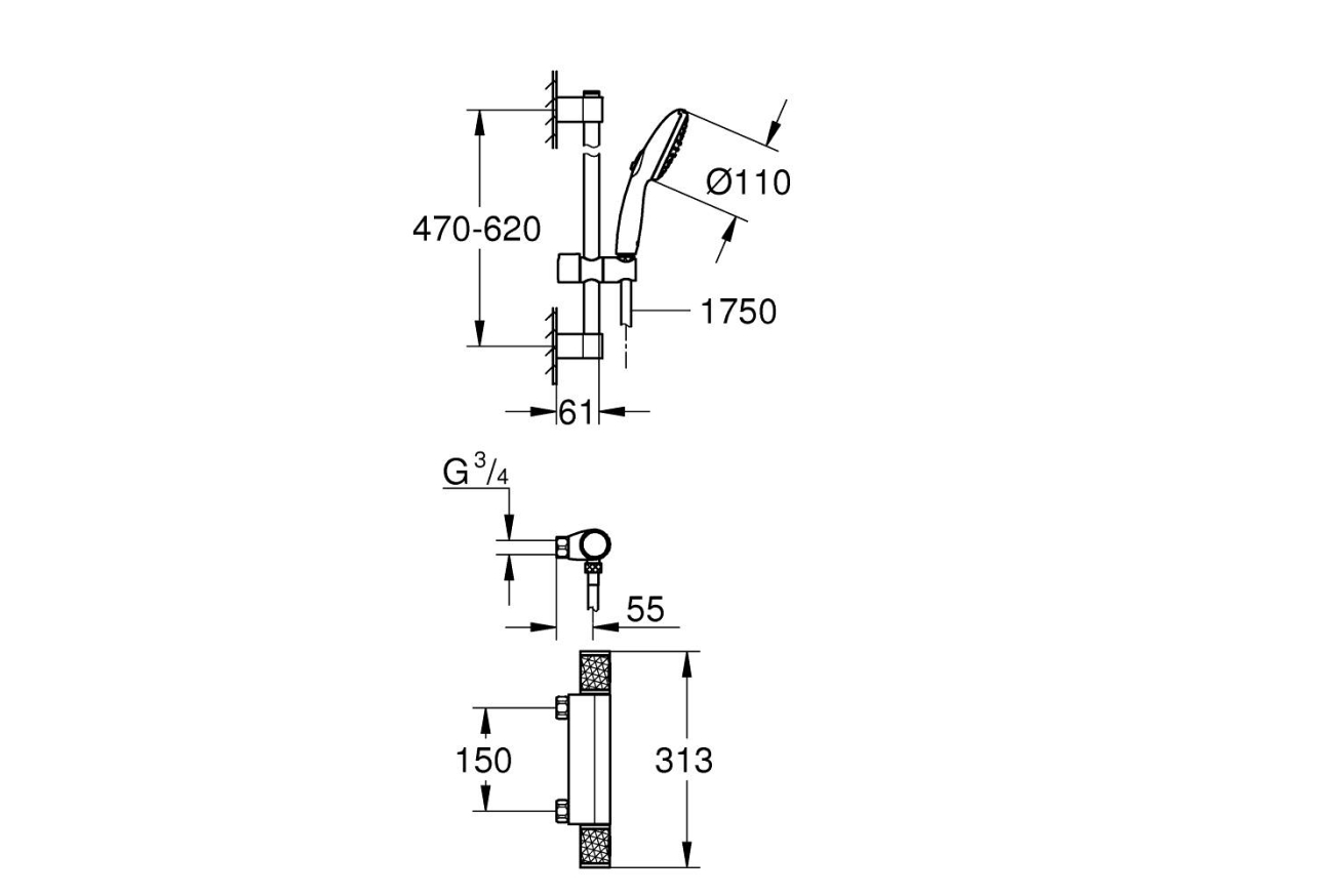 Термостат для душа GROHE Grohtherm 1000 Performance с душевым гарнитуром, хром (34836001)