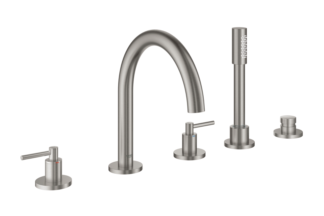 Смеситель для ванны GROHE Atrio двухвентильный, на 5 отверстий, на край ванны, суперсталь (19922DC3)
