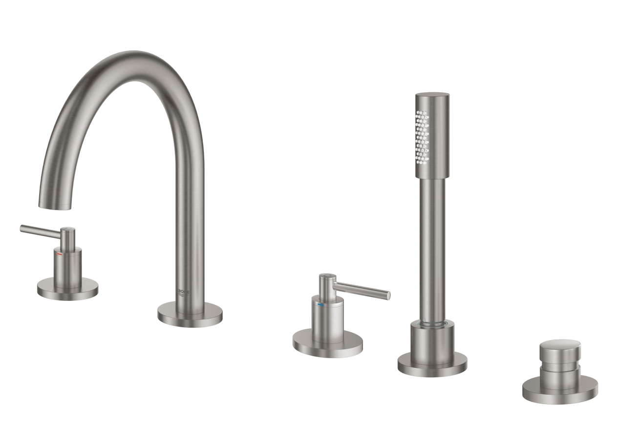 Смеситель для ванны GROHE Atrio двухвентильный, на 5 отверстий, на край ванны, суперсталь (19922DC3)