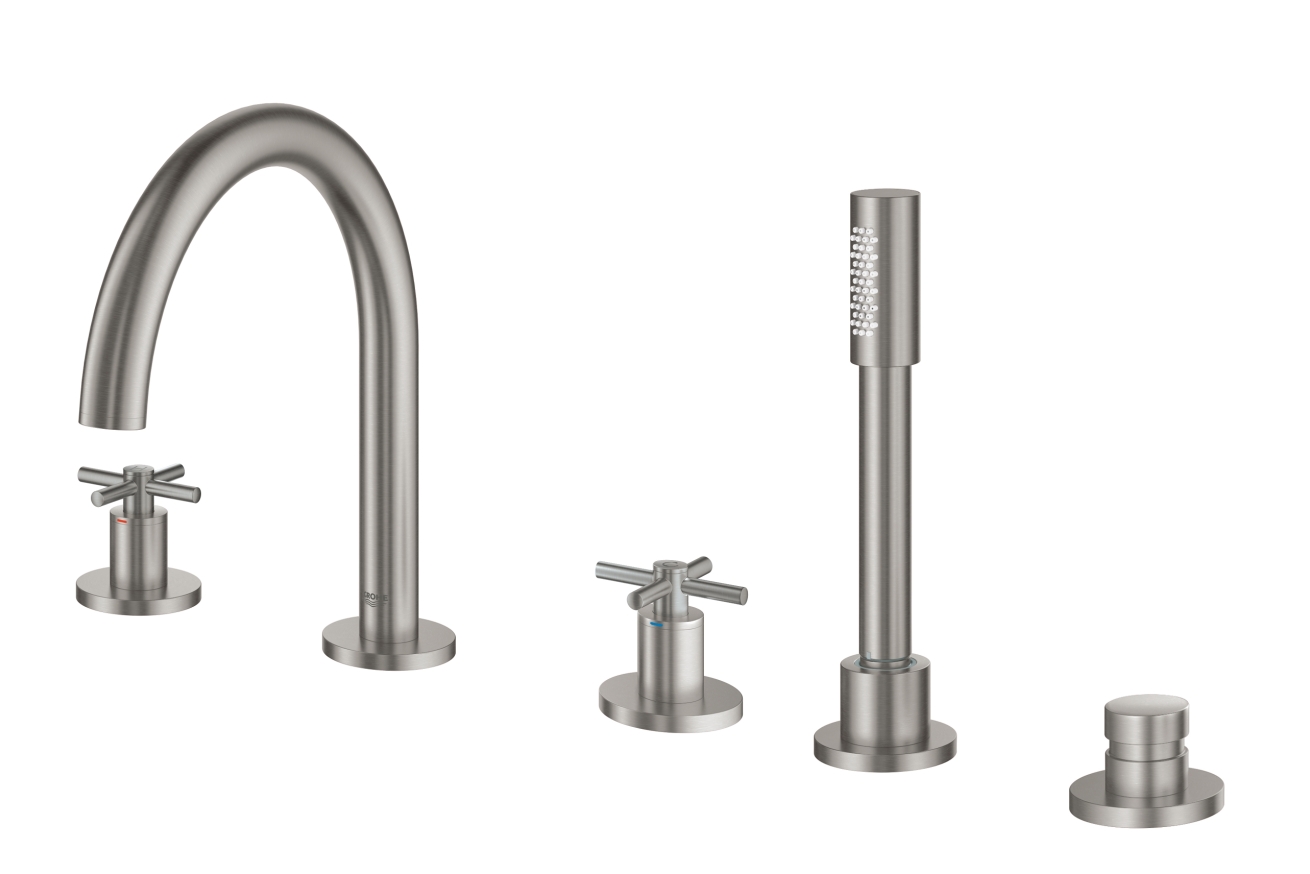 Смеситель для ванны GROHE Atrio двухвентильный, на 5 отверстий, на край ванны, суперсталь (19923DC3)