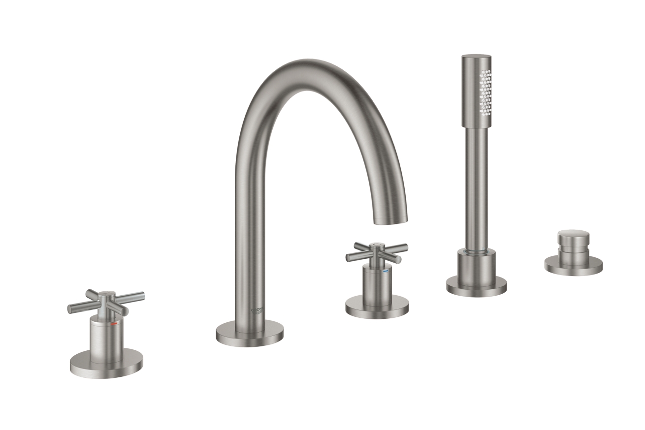 Смеситель для ванны GROHE Atrio двухвентильный, на 5 отверстий, на край ванны, суперсталь (19923DC3)