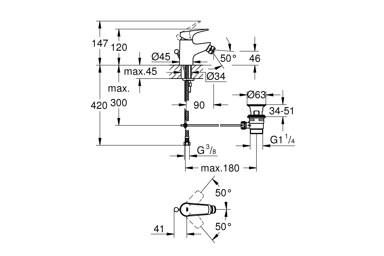 Смеситель для биде GROHE Start Flow с донным клапаном, хром (23770000)