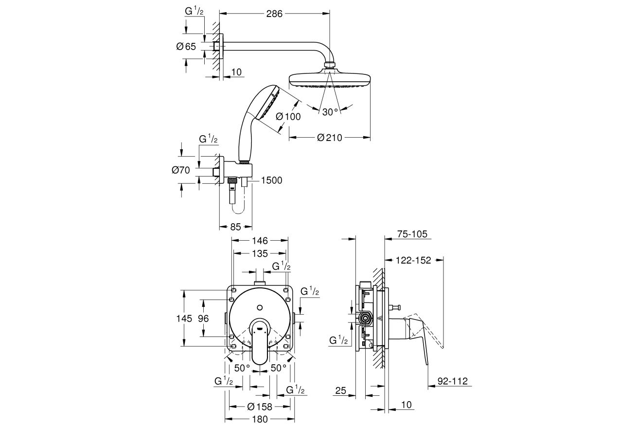 Набор для комплектации душа, GROHE Eurosmart Cosmopolitan, с верхним душем Tempesta 210, хром, (25219001)
