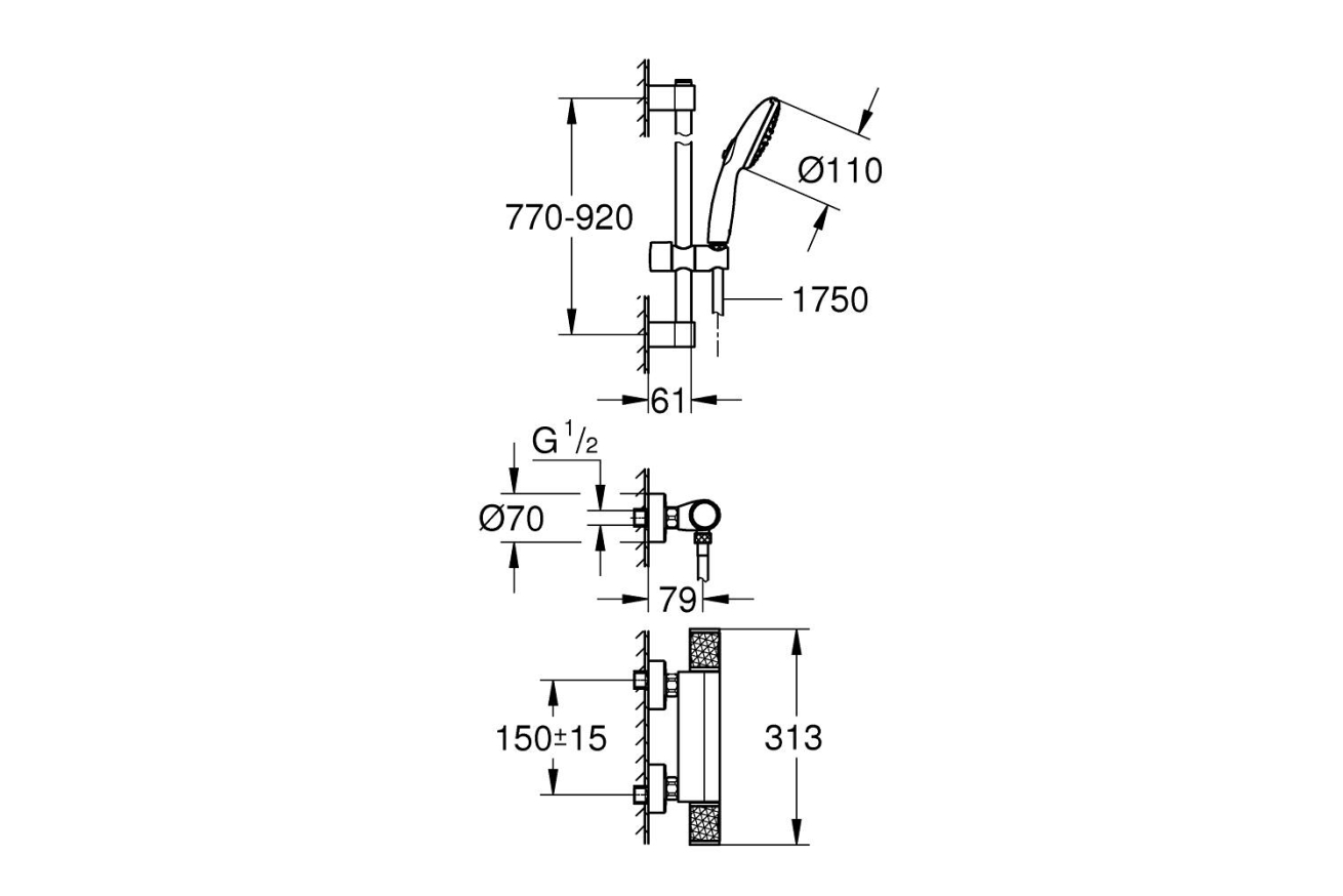 Термостат для душа GROHE Grohtherm 1000 Performance с душевым гарнитуром, хром (34835001)