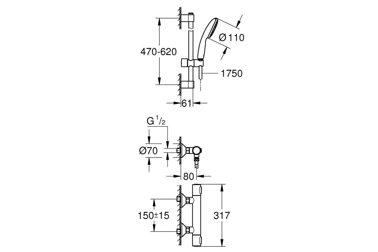 Термостат для душа GROHE Grohtherm 500 с душевым гарнитуром, хром (34796001)