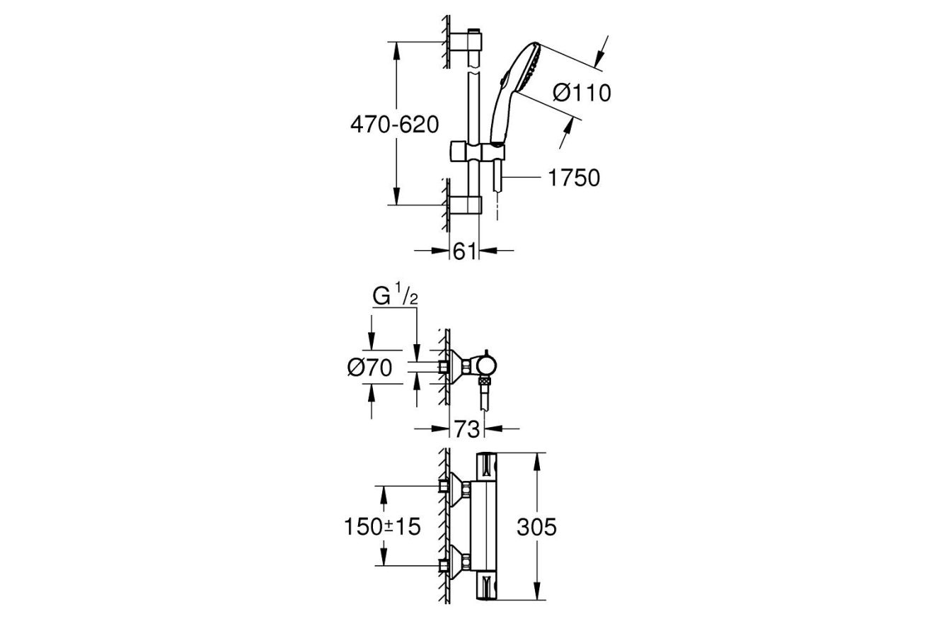 Термостат для душа GROHE Grohtherm 800 с душевым гарнитуром, хром (34565002)