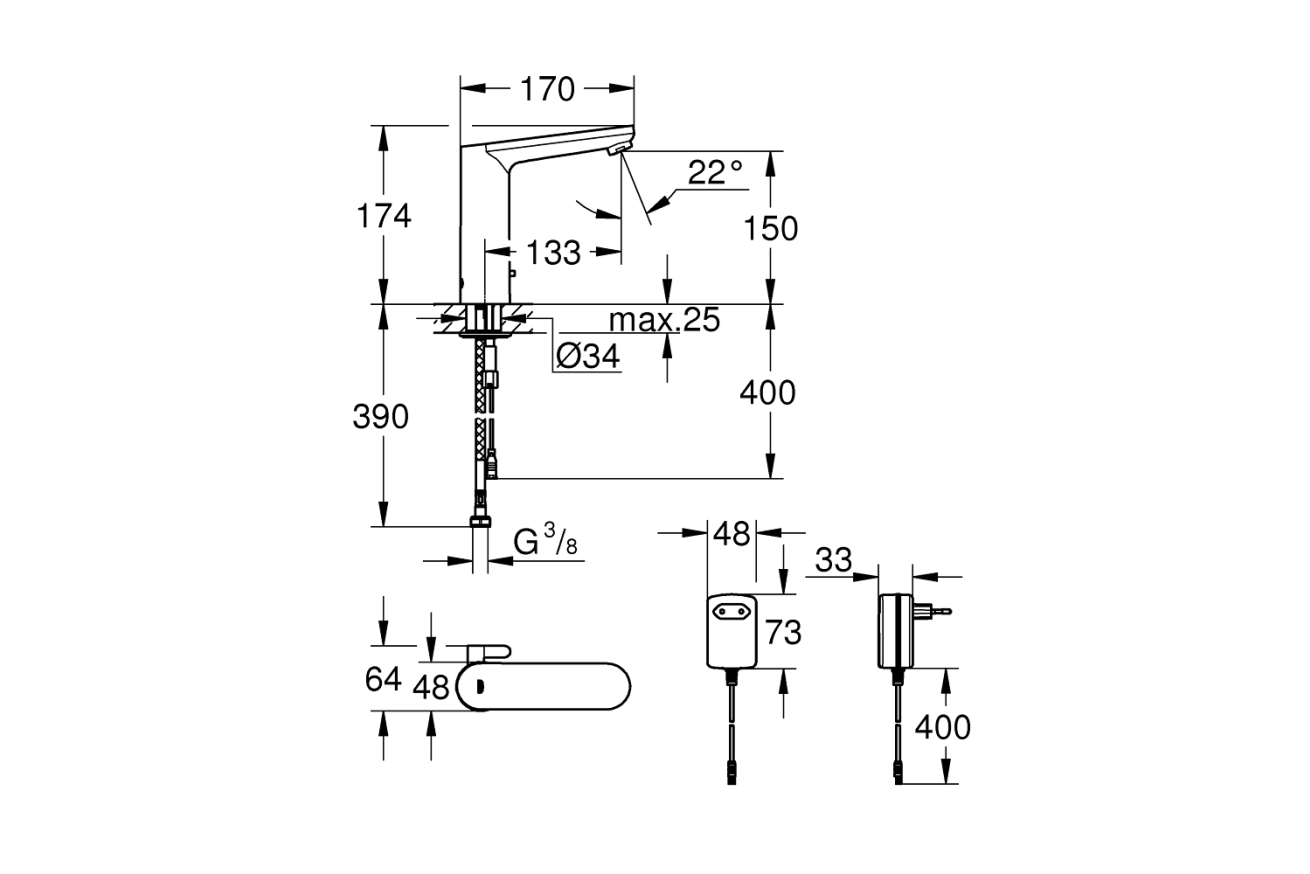 Смеситель для раковины GROHE Eurosmart Cosmopolitan E инфракрасный, L-size, хром (36421000)