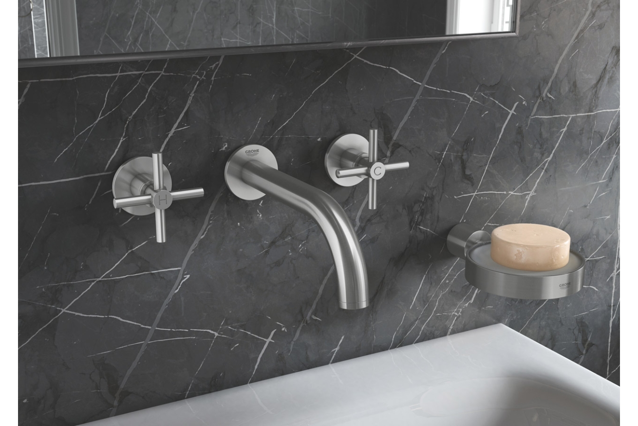 Внешняя часть смесителя для раковины GROHE Atrio настенного монтажа на 3 отверстия, двухвентильный, суперсталь (20169DC3)