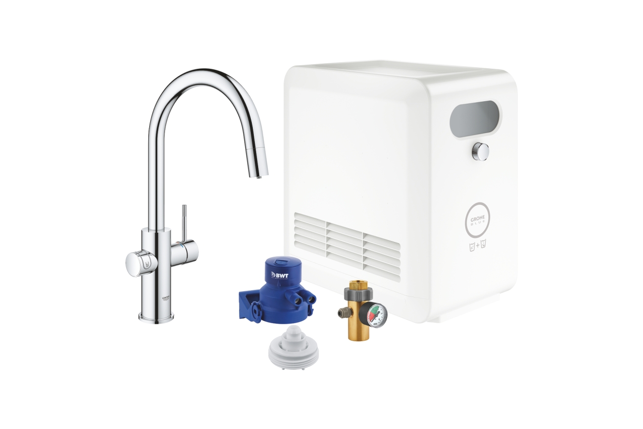Смеситель для кухни GROHE Blue Professional с вытяжным изливом, функцией фильтрации, системой охлаждения и газирования воды, Wi-Fi, хром (313