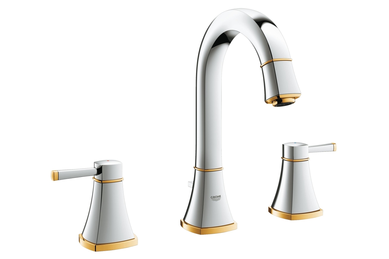 Смеситель для раковины GROHE Grandera на 3 отверстия, с донным клапаном и высоким изливом, хром/золото (20389IG0)