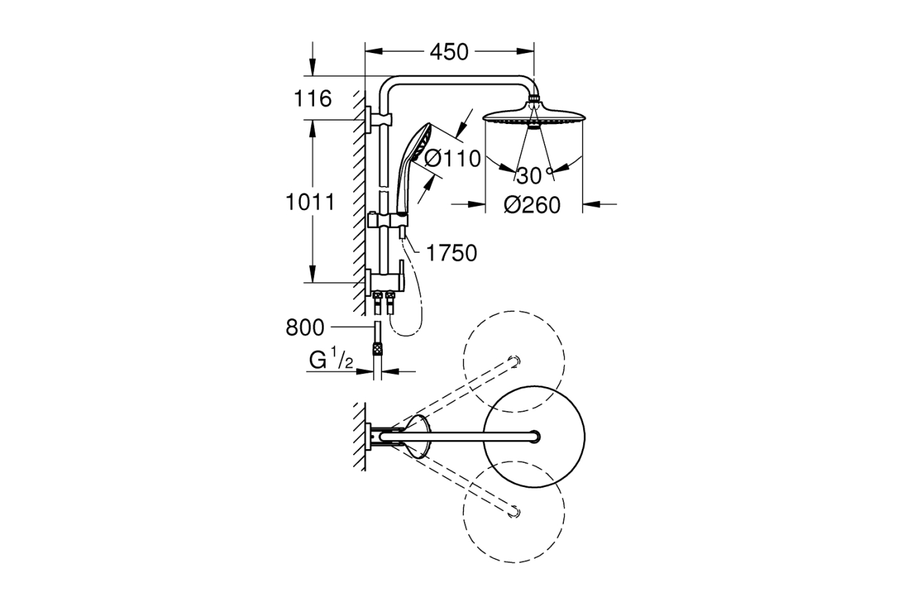 Душевая система GROHE Vitalio Joy System 260 с переключателем потоков, хром (27357002)