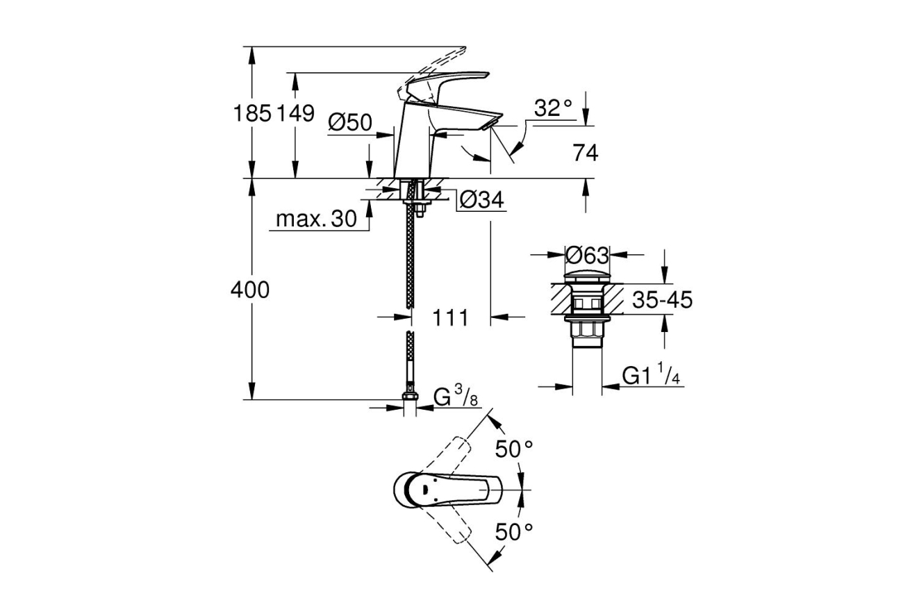 Смеситель для раковины GROHE Eurosmart, S-size, хром (23968003)