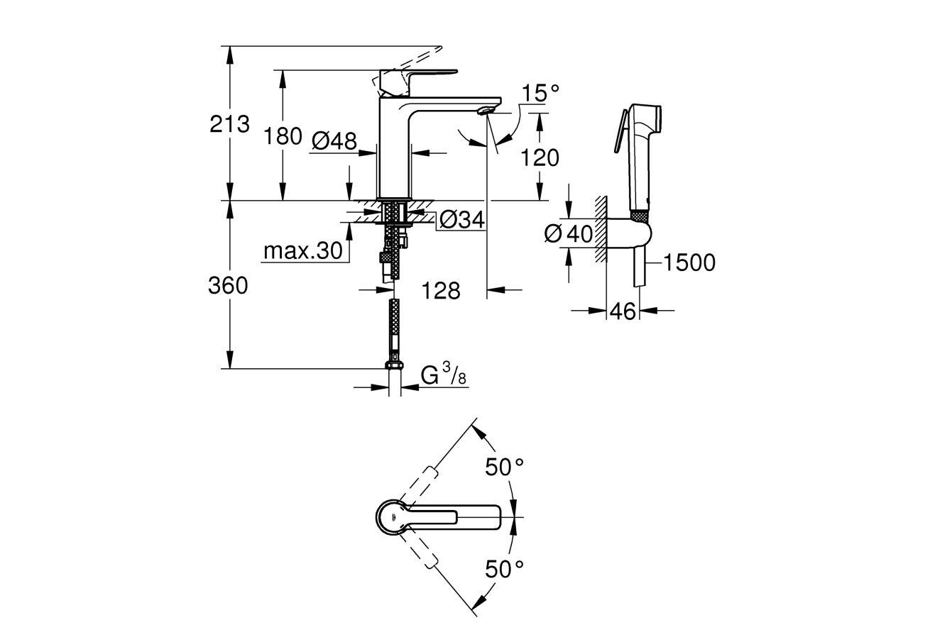 Смеситель для раковины GROHE Lineare S-size с душевым гарнитуром, хром (24190000)